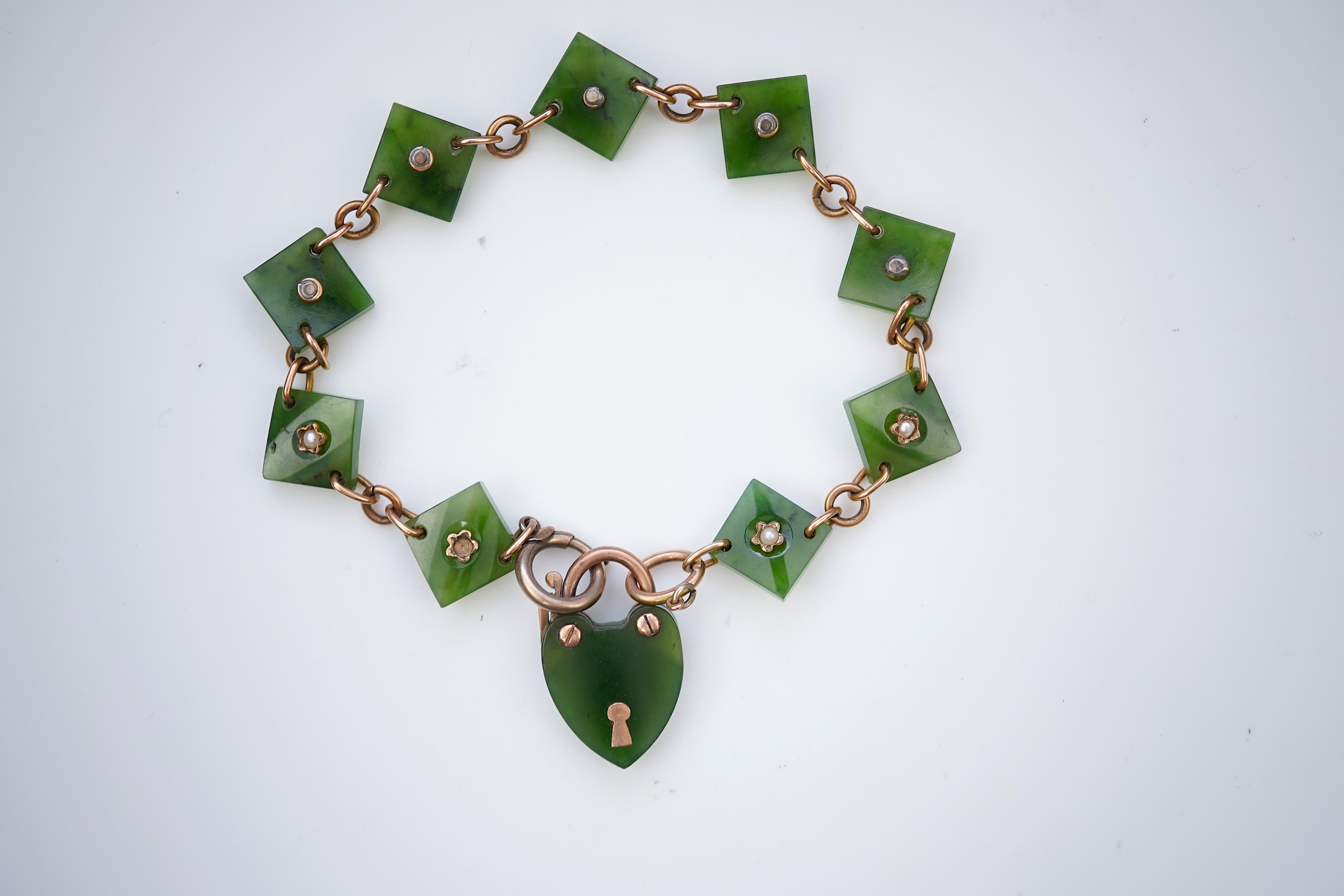 A nephrite and seed pearl bracelet, circa 1900